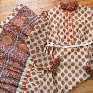 1960s FOLK BOHEMIAN DRESS Vintage Maxi Ethnic Hippie Boho Tan Orange Ric Rac